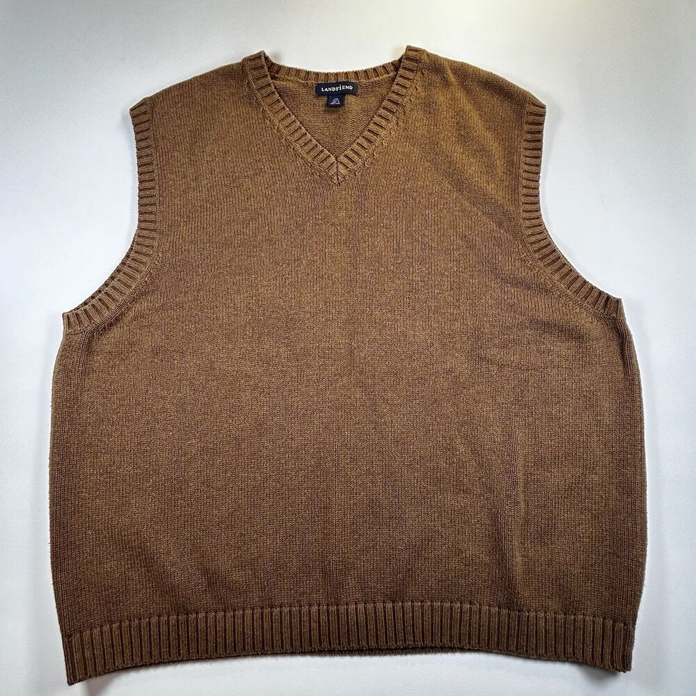 Vintage Lands End V-neck Sweater Vest Brown Tan 100% Cotton Hong Kong Mens XXL - Picture 8 of 9